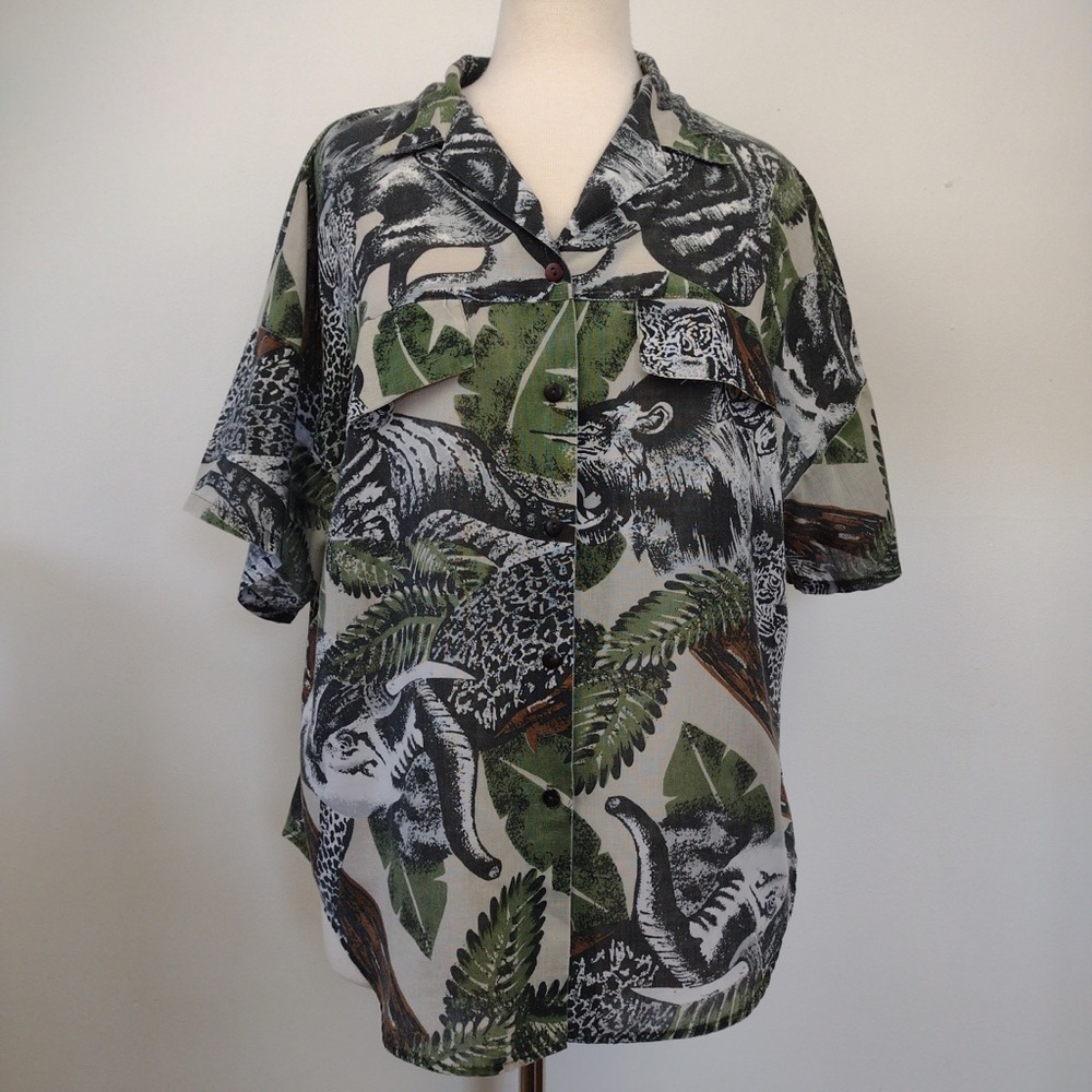 Vintage Remo of California Camp Hawaiian Shirt Animal Jungle Cat Womens XL